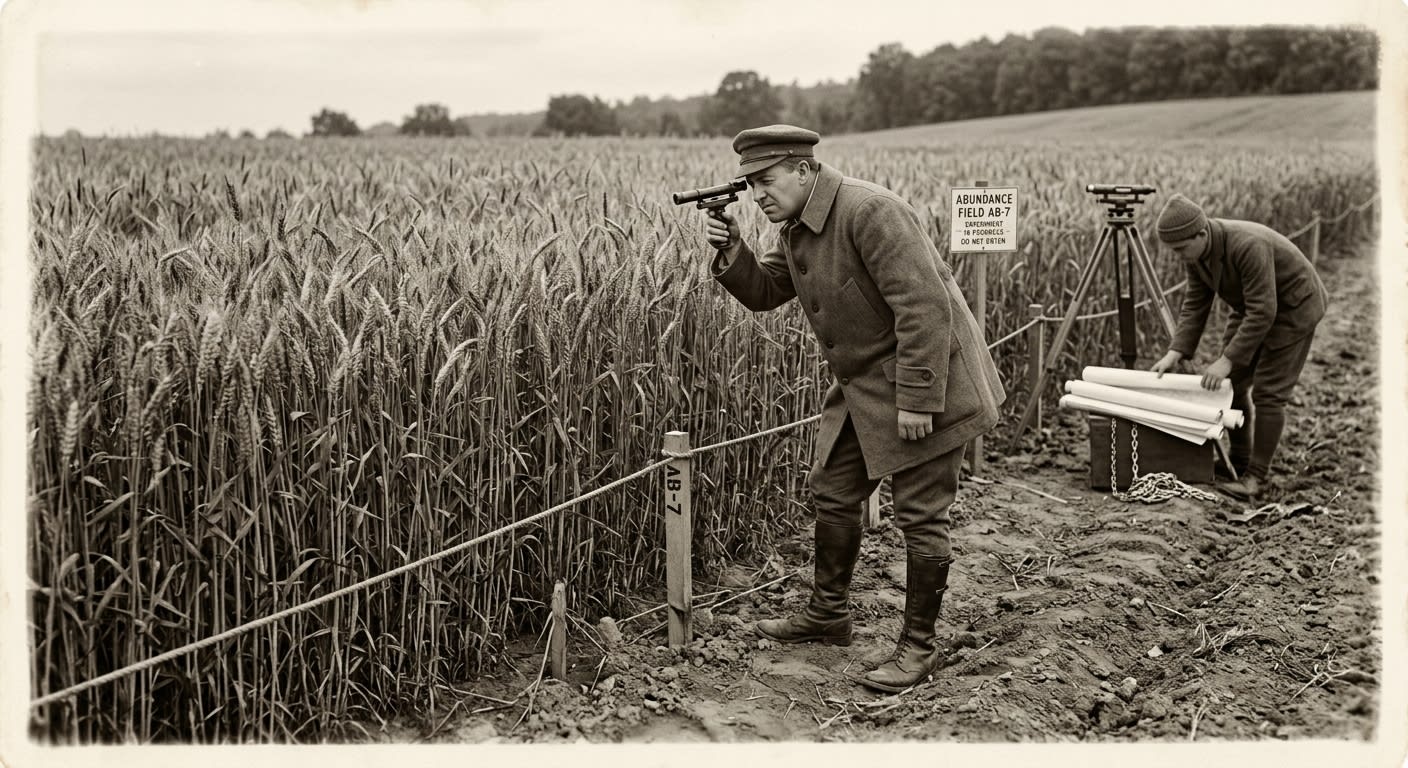 Bureau cartographer at the edge of AB-7, measuring instrument in hand, standing at the rope perimeter