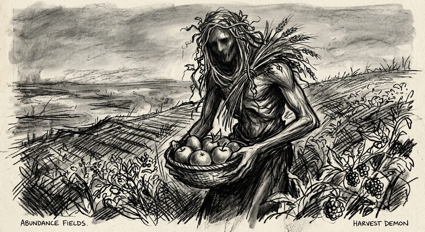 A Harvest demon tending the Abundance Fields, figure draped in vines and sheaves in a posture of offering