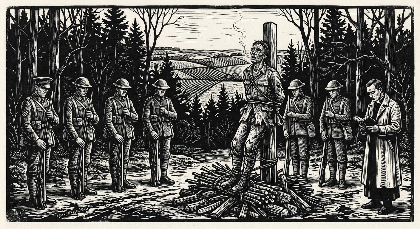 Military execution at the pyre — Corporal Mettler, convicted under Martial Code 14-D, his mouth still working