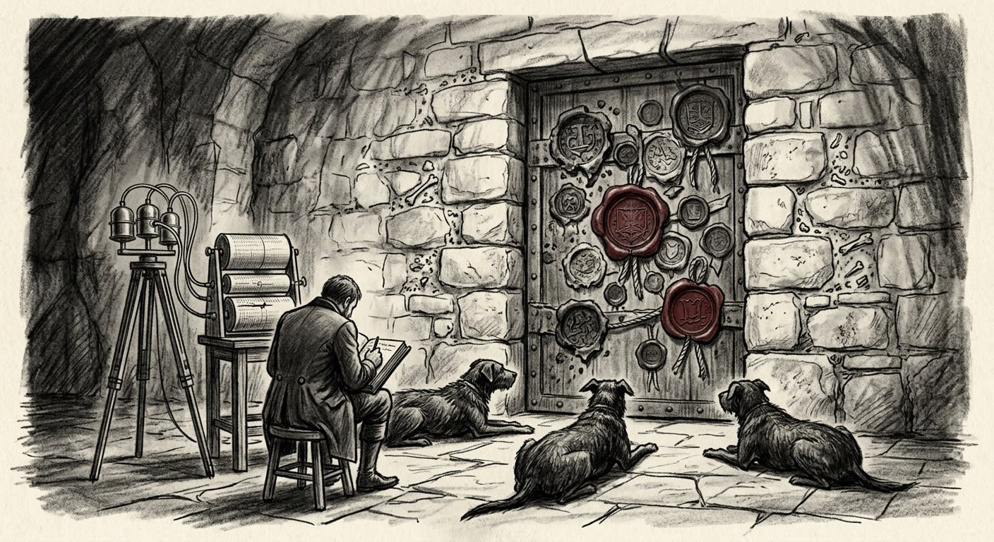 The Third Ossuary sealed door covered in seventeen overlapping wax seals, bell-resonance instruments nearby, dogs lying flat facing the door