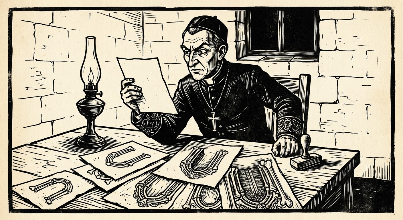 Drax at his debriefing desk reviewing the deponent's sketches — the doorway drawn seventeen times, each iteration larger