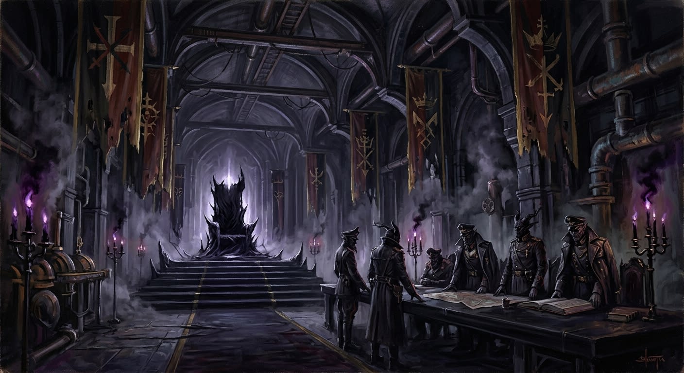 The Shadow Court throne room — the Black Throne at the far end, Seven Sin-Generals arrayed at the obsidian table, inverted banners, cold black candle-flames