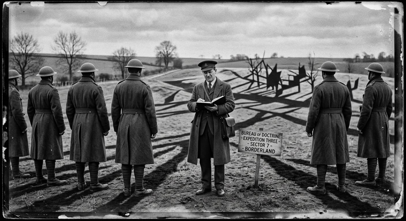 Bureau Expedition Three soldiers at the Shadow Court perimeter, instruments raised, shadows falling in wrong directions