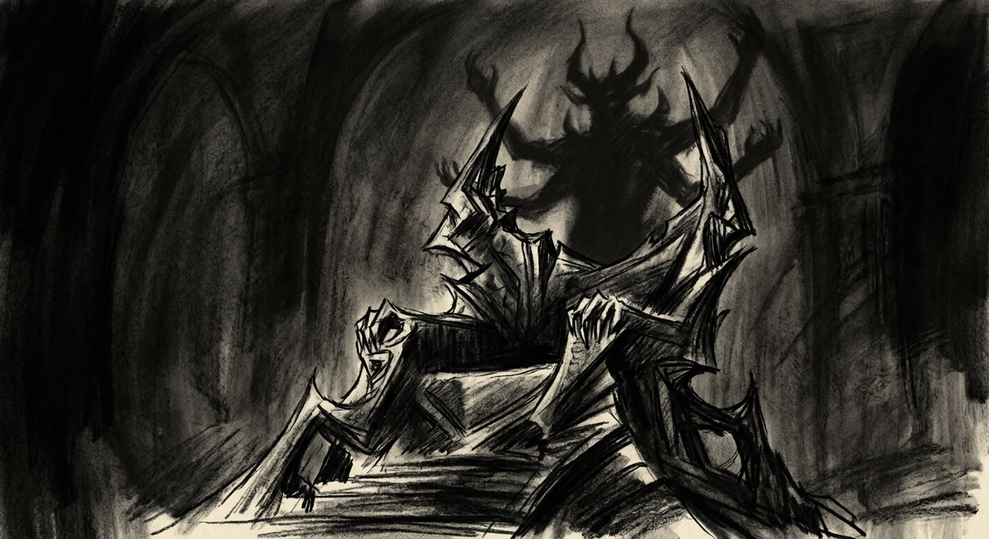 The Black Throne of the Great Deceiver — vast, carved from void-material, the Great Deceiver's shadow cast upward from the empty seat