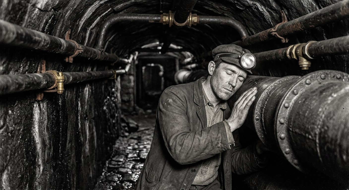 A Cartel courier pressing his ear to an iron waste-water pipe to receive tap-code transmissions in a low basalt corridor