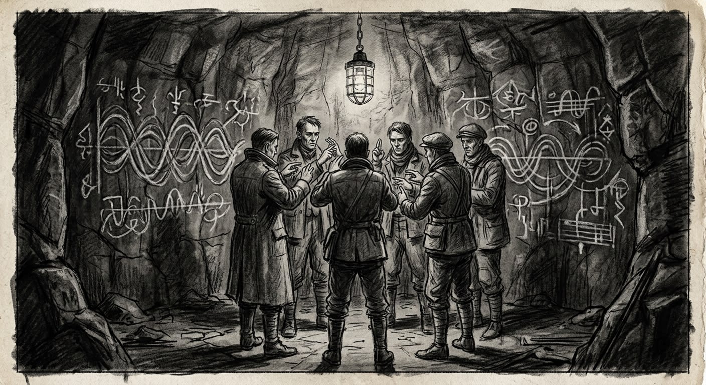 The Counterkey Circle conducting a silent-sign lesson in a sub-grade chamber, forbidden harmonics chalked on the basalt walls