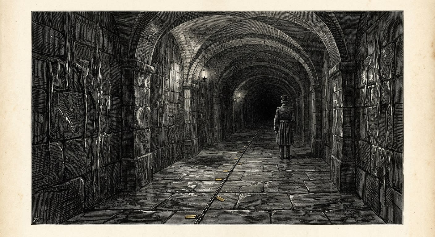 The Dead Gallery stretching impossibly far into darkness, measuring chain on the floor, a Choir Warden figure at the vanishing point facing away