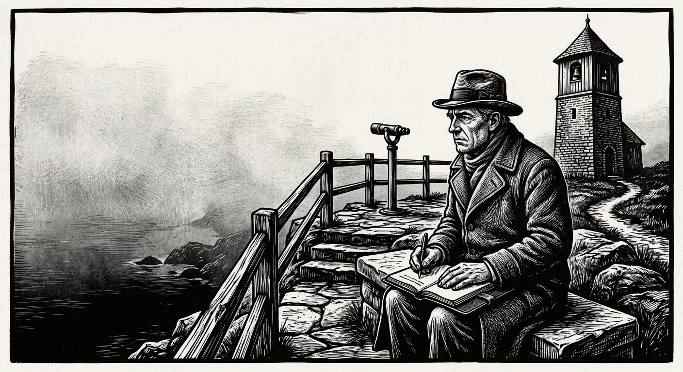 Bureau classifier Aldric Moen at a Norwegian cliff observation post, notebook open, staring at the fog