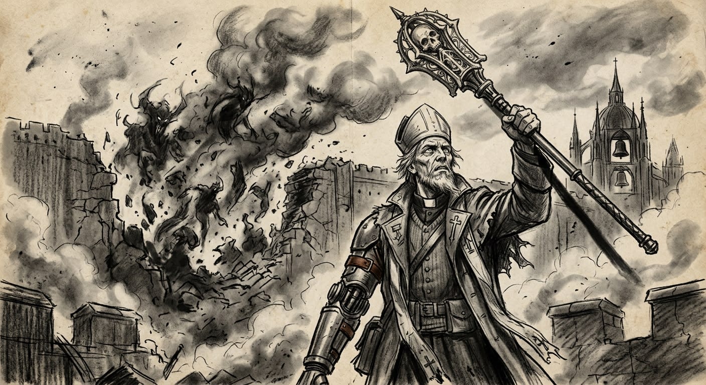 Bishop-Warden Clemens Stahlhand raising the reliquary mace before a breach in Vienna's walls