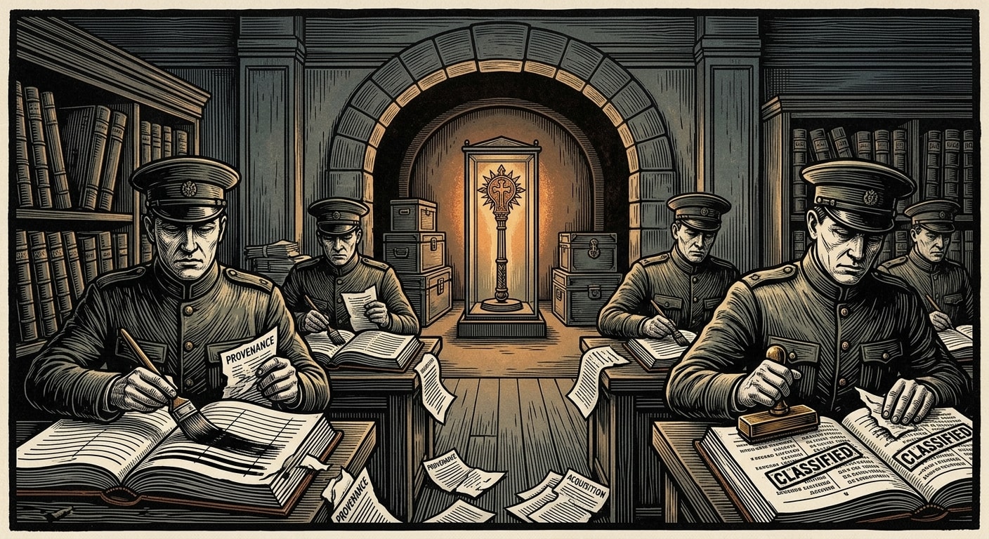 Bureau clerks crossing out inventory entries while the reliquary mace glows undisturbed in the vault behind them