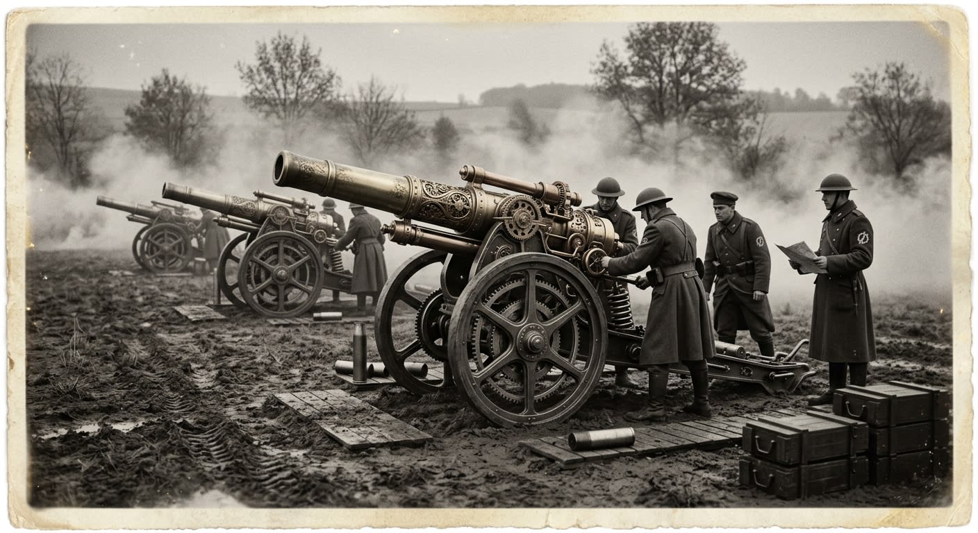 Clockwork artillery on spring-loaded carriages, Republican Guards in formation