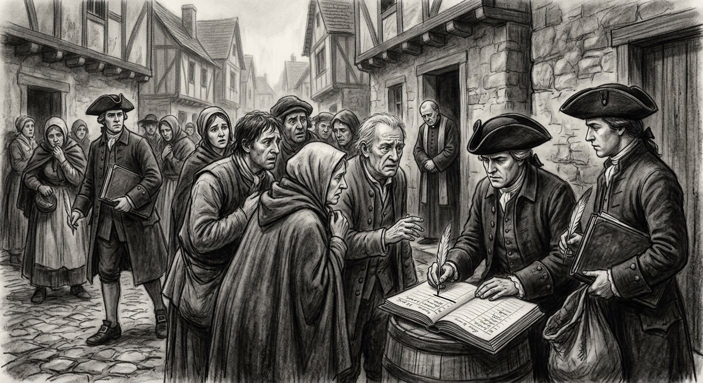 First Black Census, census-takers crossing names from ledgers in a village square