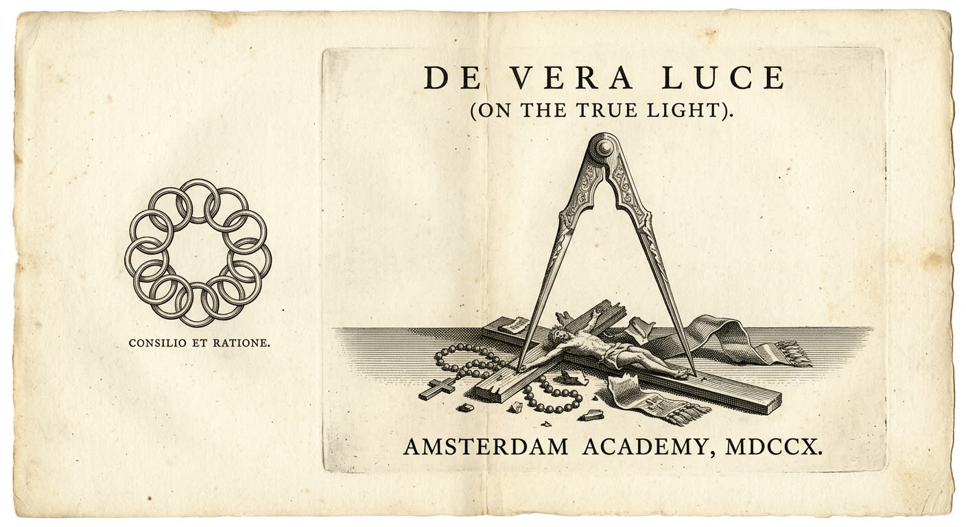 De Vera Luce frontispiece, compass crushing a cross, the Council's nine-ring seal