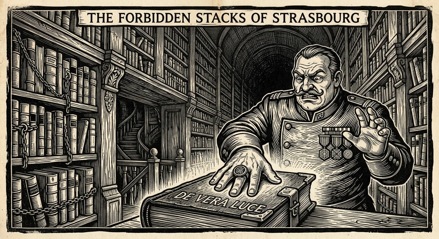 Drax in the Forbidden Stacks pressing gloved hand to a warm copy of De Vera Luce