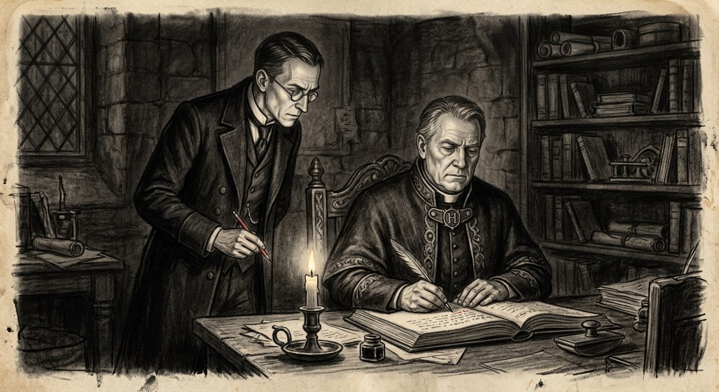 Hieromnemon Drax composing the entry by candlelight, a Bureau of Purity censor reading over his shoulder with a red pen
