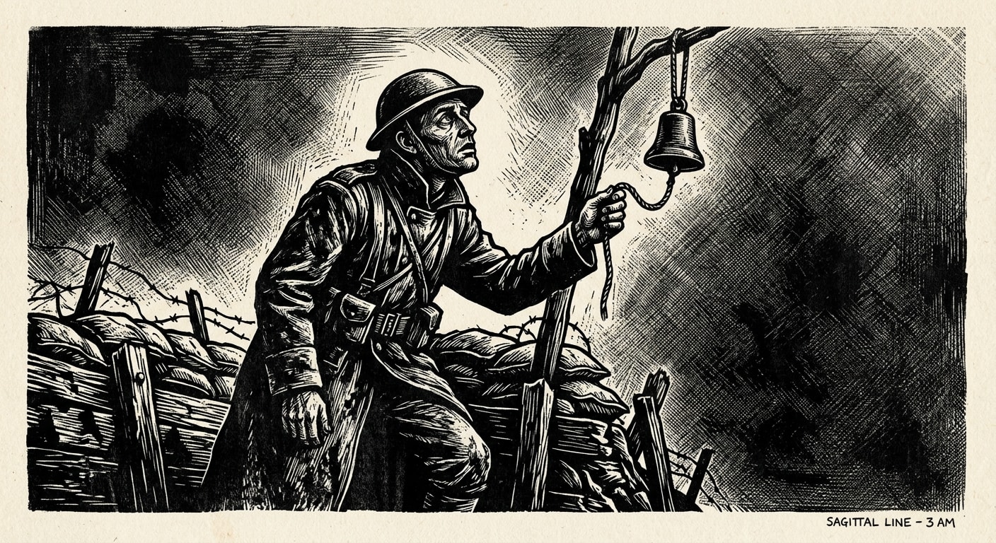 A lone soldier at the Sagittal Line at 3am, face tilted skyward in fog, one hand on the bell rope, no answer coming