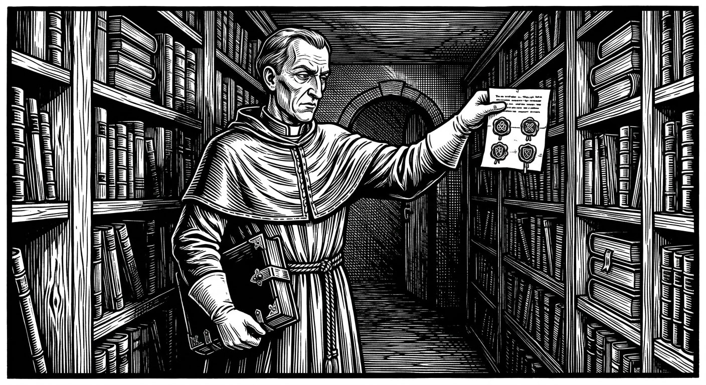 Drax in the Forbidden Stacks holding Van Hoorn's sealed correspondence at arm's length