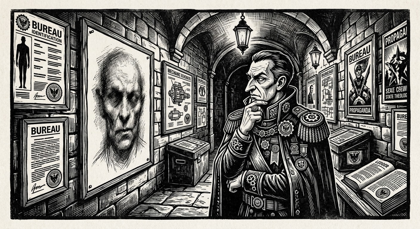 Hieromnemon Valerius Drax stands before the Bureau of Doctrine's composite reconstruction of Syrion in the sealed gallery at Strasbourg.