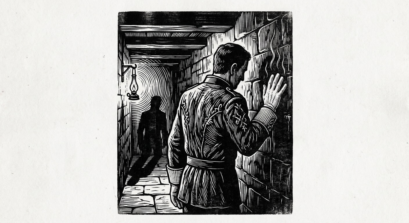 Drax in the maintenance gallery of Chamber 7, gloved hand pressed to the warm stone, a single lamp behind him