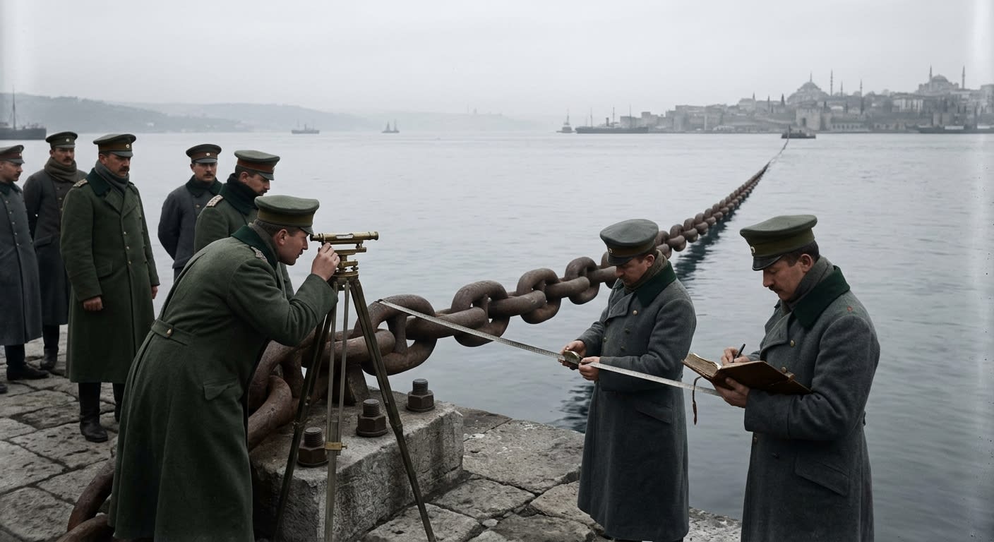 Bureau engineers examining the dormant Chain of Saint Anakletos at dawn after the battle
