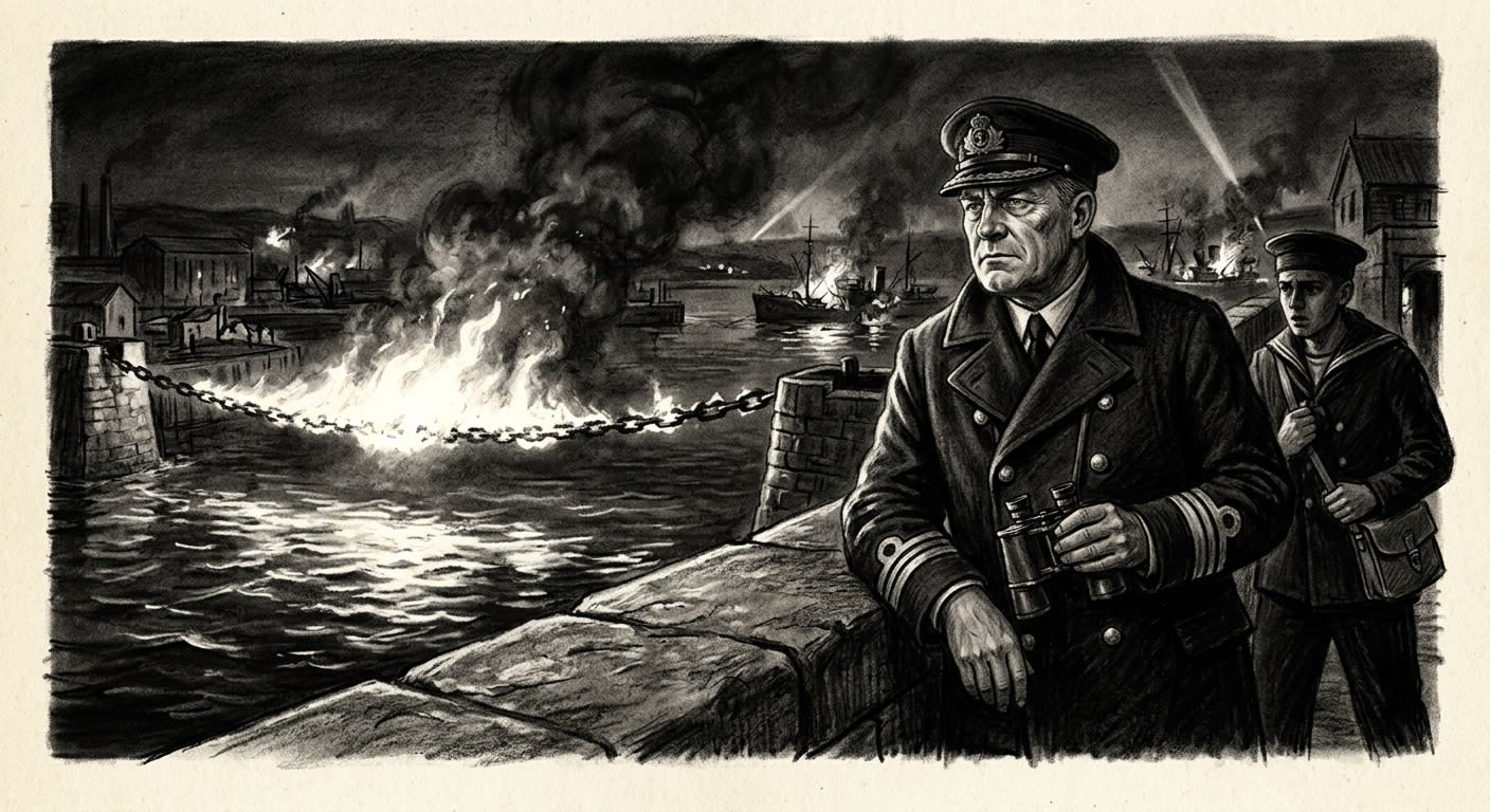 Praefect-Naval Cassius Tern watching the Chain burn from the harbour ramparts during the battle