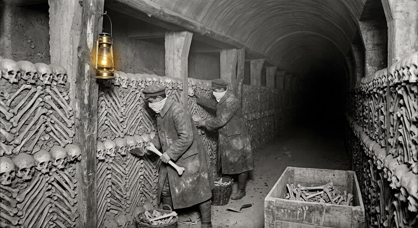 Bureau of Engineering workers laying bone courses into the Ash Gallery tunnel, skulls set facing outward in the new Ossuary Ring extension