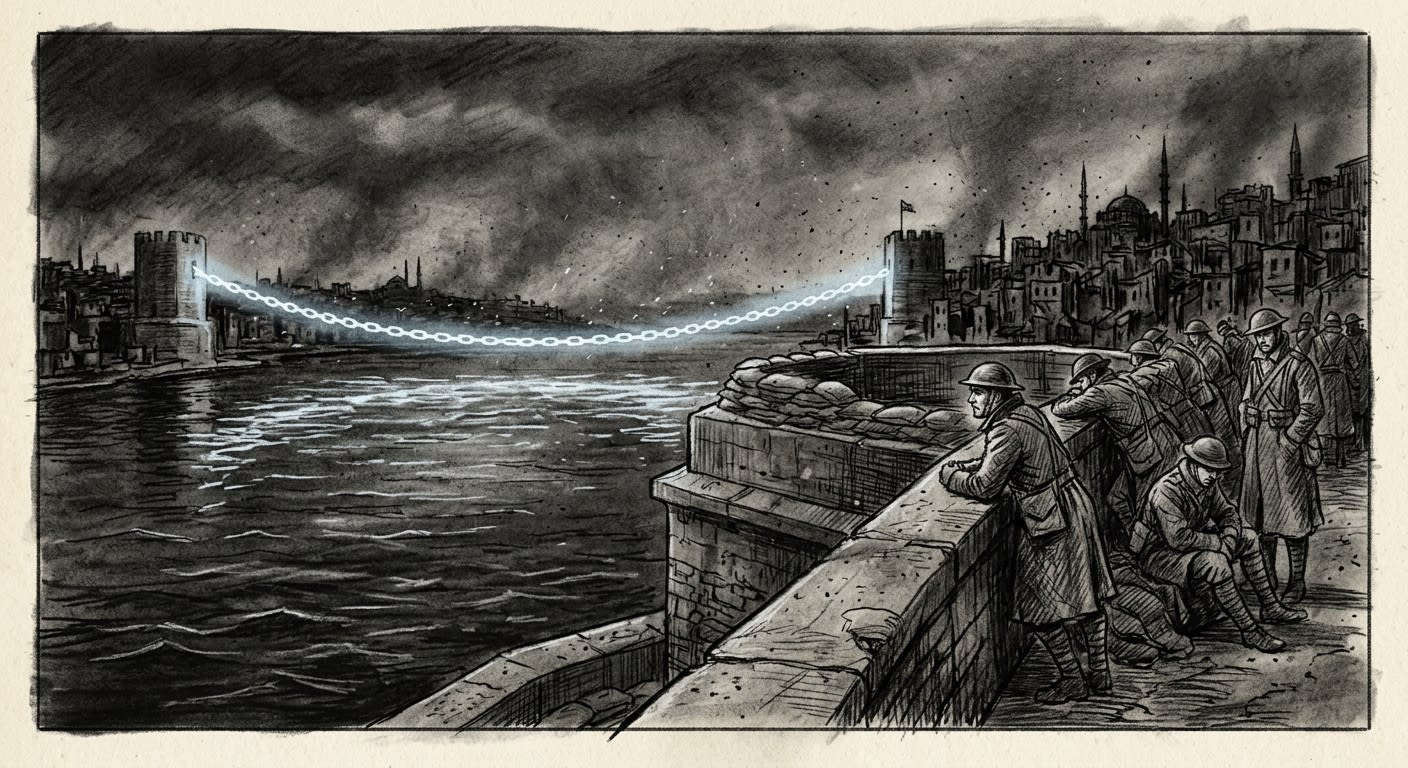 The Chain of Saint Anakletos glowing cold white across the Bosphorus at night, soldiers watching from the Ravelin of Vigilance