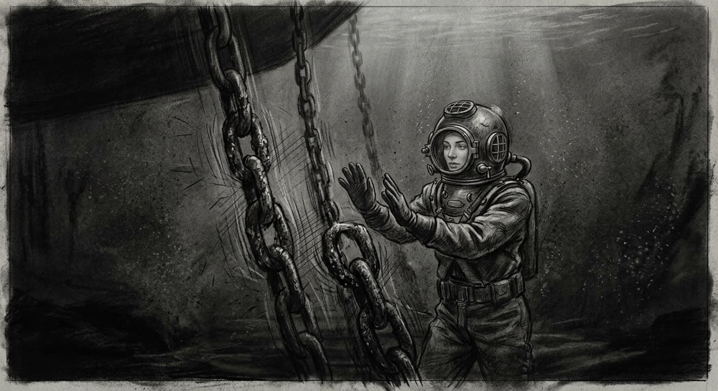 Diver-Matron Sera pressing her hands to the vibrating harbour chain-links during the three nights of silence above