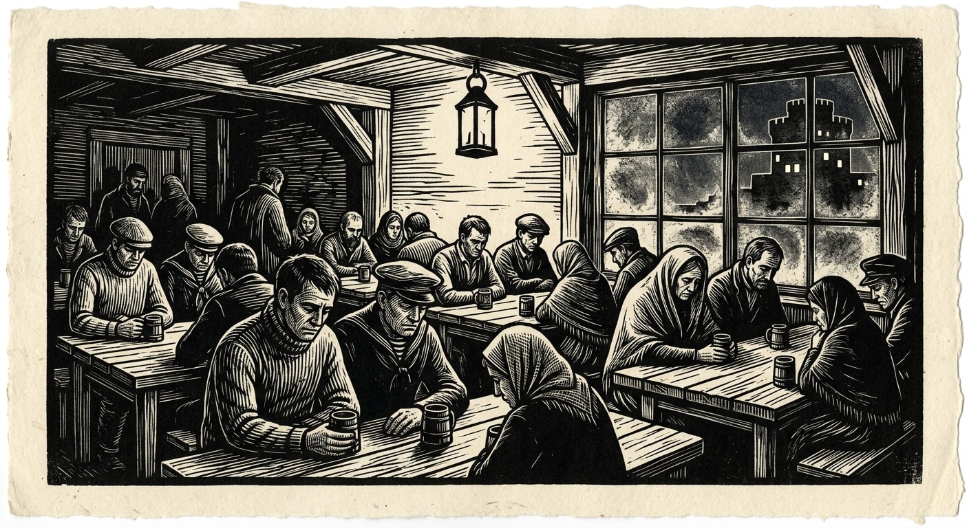 Thessaloniki's Drowned Row tavern during the Night of Quiet Bells, dockworkers and families seated in voluntary silence