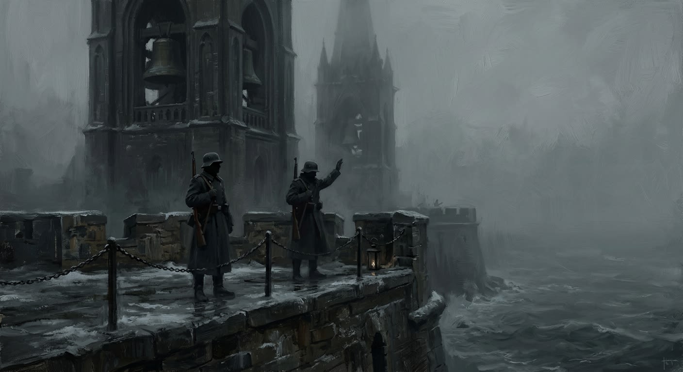 The Sea Wall at Bastion-Königsberg in the Grey — sentries silhouetted on the ramparts, a half-raised arm saluting empty Baltic fog, the Northern Carillon towers behind