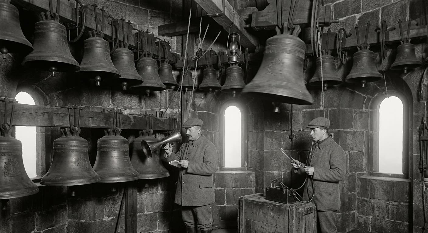 The Northern Carillon bell-chamber at Königsberg — forty-one Prussian gun-bronze bells, Bureau of Bells technicians with instruments, grey fog through the slit windows