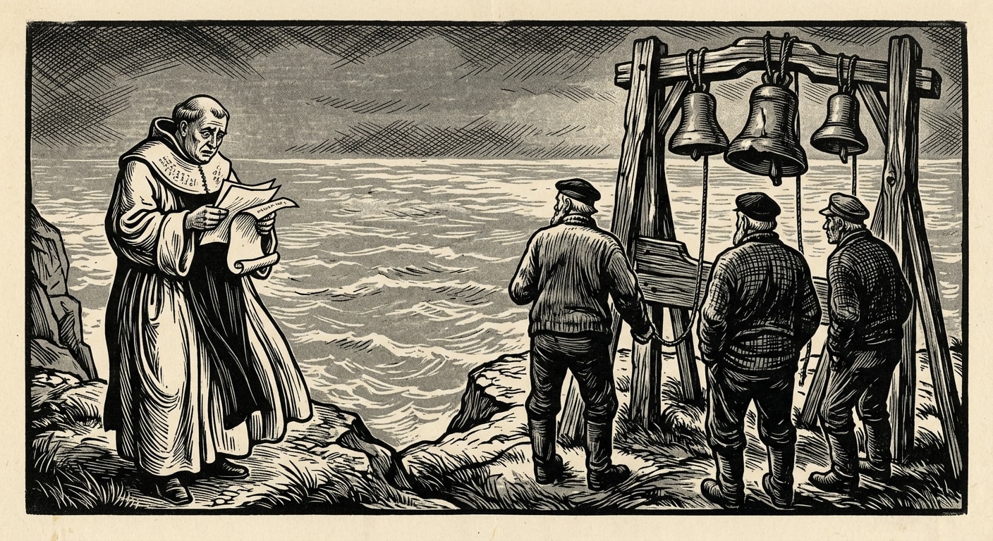 Three Scandinavian elders beside an archaic bell-frame on a fjord cliff, facing the grey Baltic water, a Concordat Prior at the edge holding papers he cannot interpret