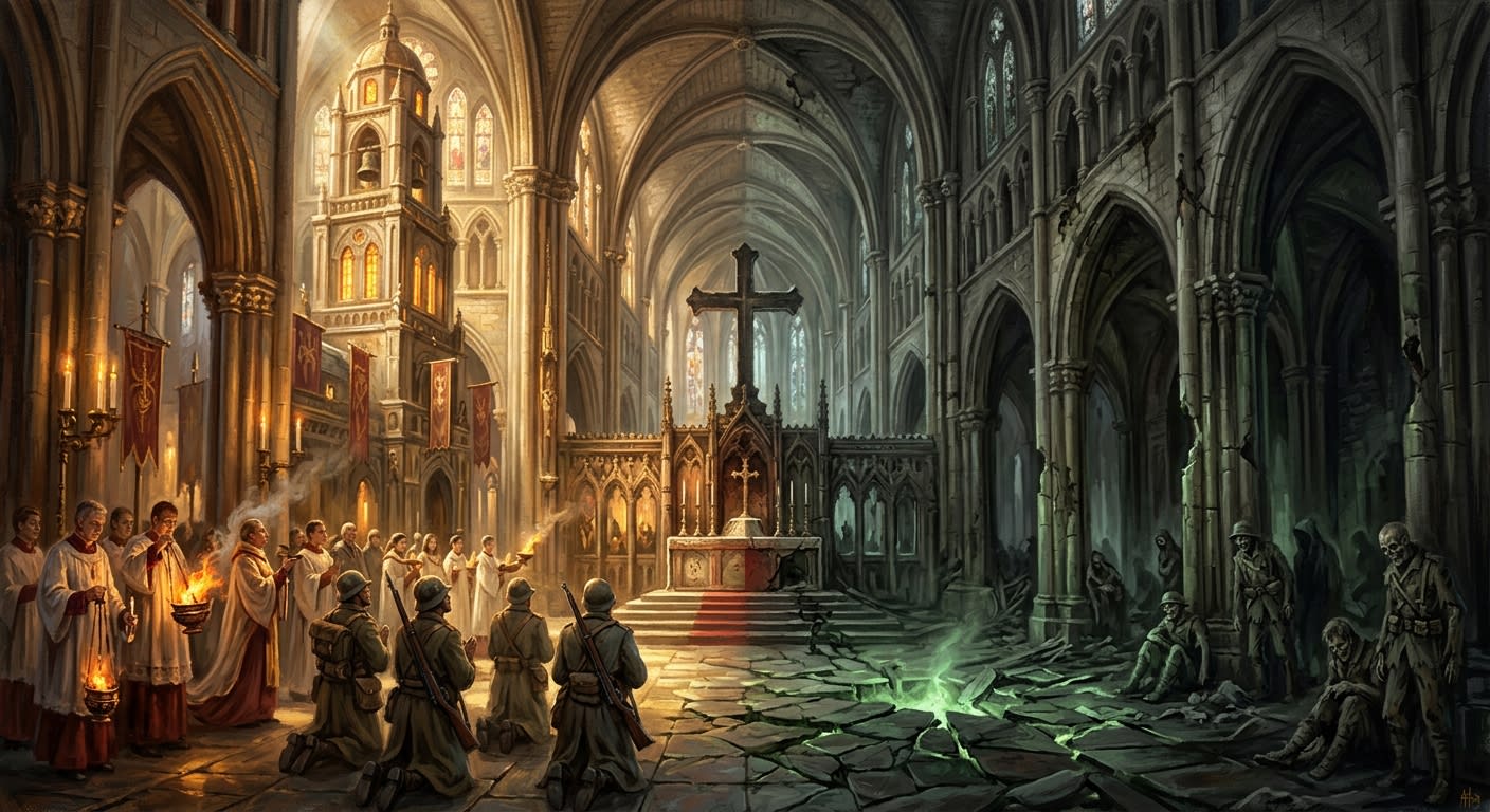 A cathedral nave split at the high altar — the left half ablaze with miraculous light and robed choirs, the right half consumed by grey sorcerous rot, both sides sharing the same vaulted ceiling