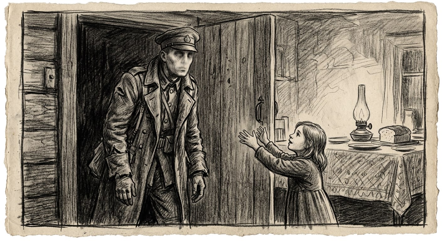 A soldier in WWI uniform stands in a doorway, his young daughter reaching up to him, his face blank — the name gone from him after relic-use
