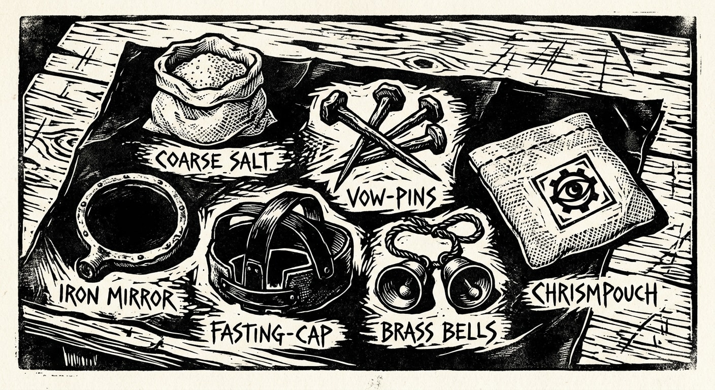 A Synod counter-measures field kit laid out on oilskin — salt, iron mirror, vow-pins, bells, fasting-cap, chrism pouches stamped with the Bureau of Rites seal