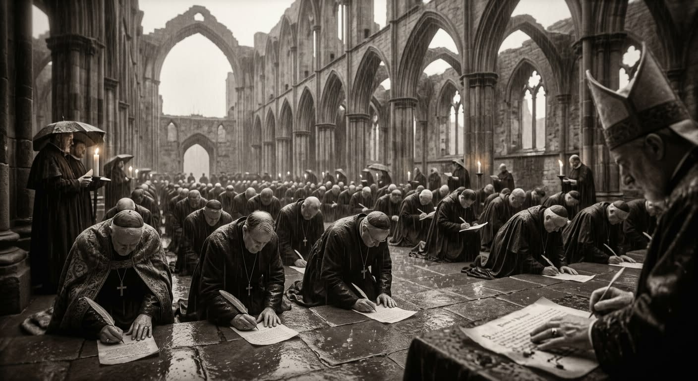 Retrospective depiction of clergy at the A.S. 87 Worms ratification in a roofless cathedral