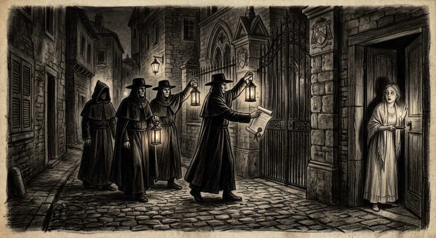 Black-cowled Kratz clerks arriving at a bishop's gate at night during the Night of Black Decrees