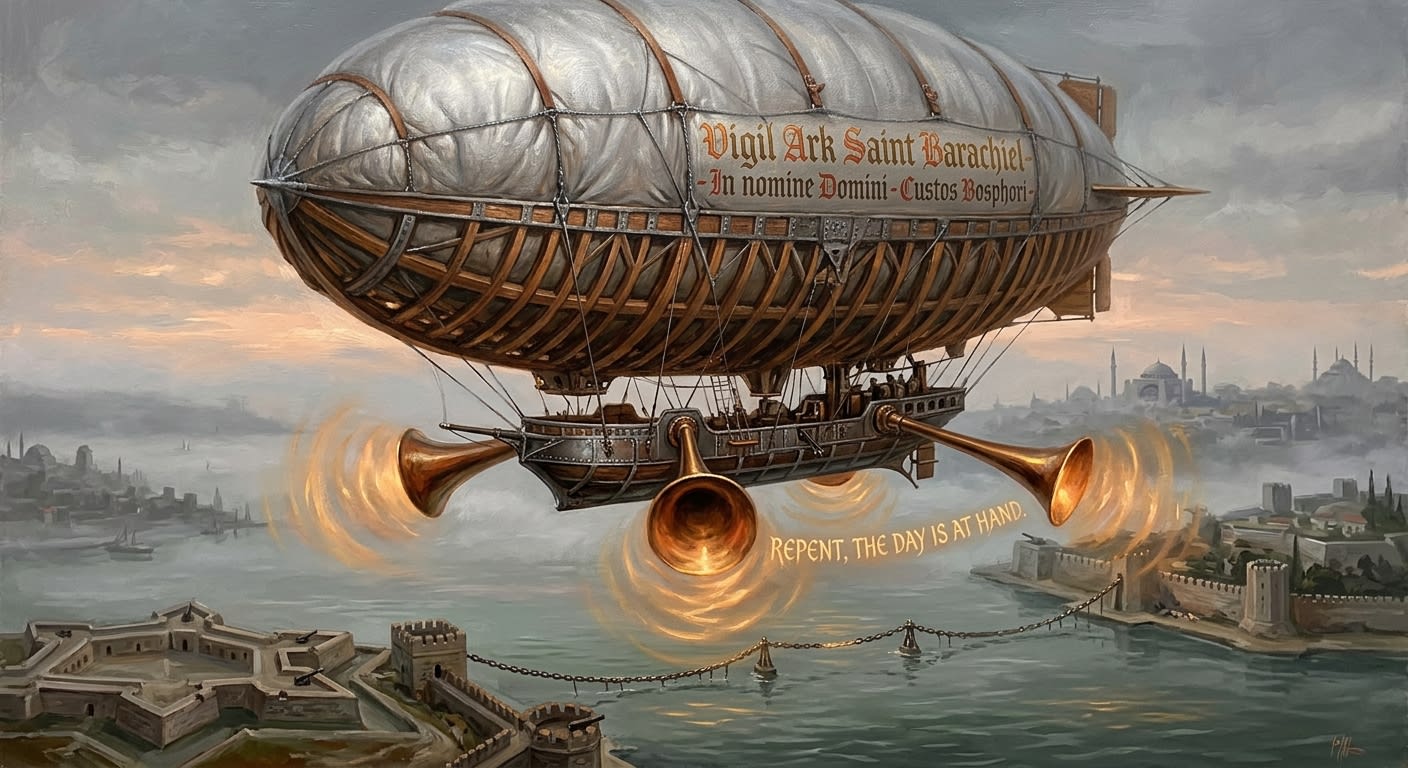The Vigil Ark Saint Barachiel on dawn patrol above the Bosphorus Strait, four Sermon-horns blazing scripture, Constantinople chain-booms far below