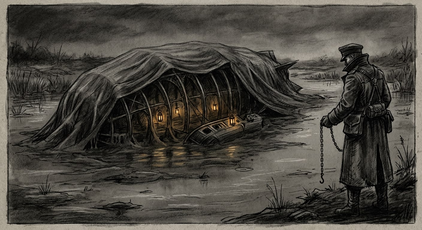 The wreck of the Sanctissima Vox beneath the Blightmarsh grey mud, relic-lanterns still glowing cold beneath the surface