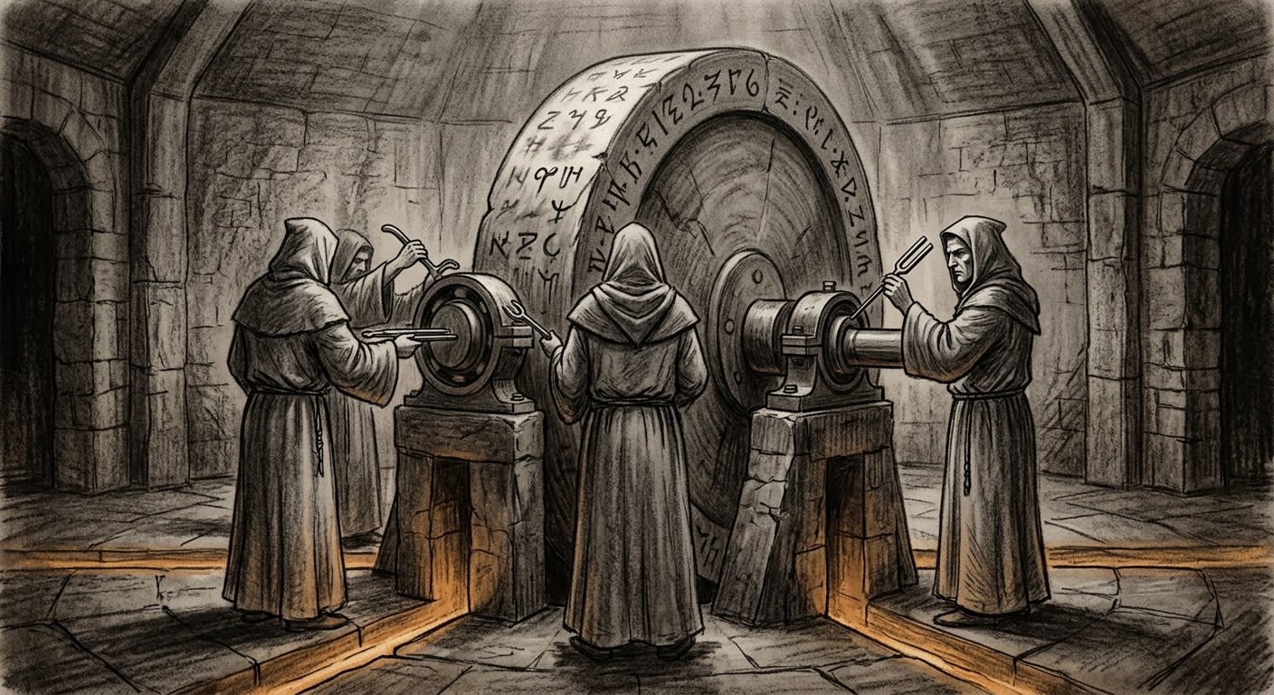 Three grey-robed maintainers calibrating the Grindstone axle with tuning-fork instruments, their backs to the viewer, the wheel rim's inscriptions visibly changing