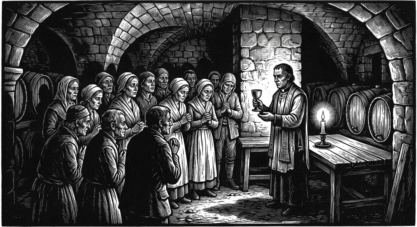 Cellar congregation in 18th-century stone basement, candlelit communion