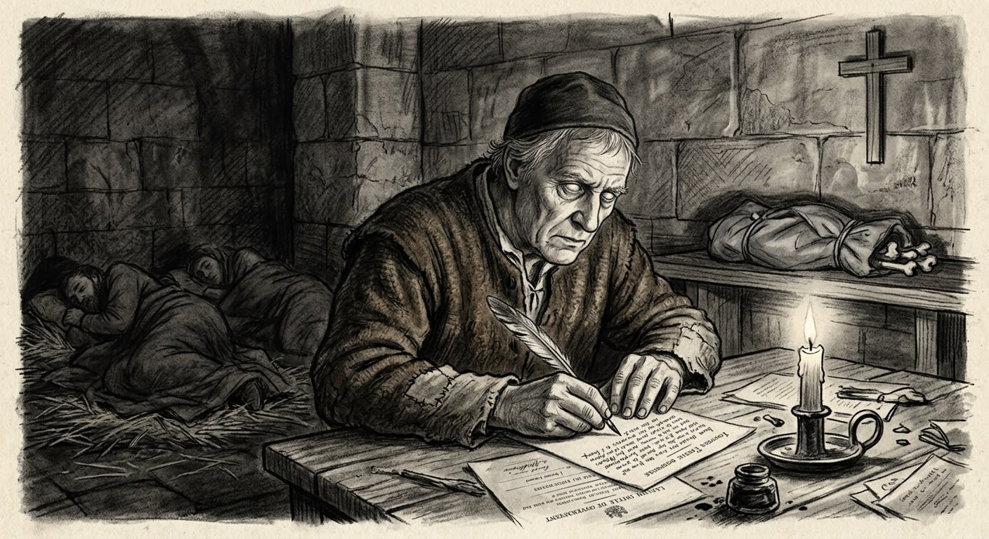 Father Wernher writing his journal by tallow-light in the Cologne cellar