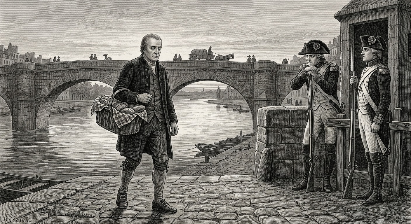 Father Ignatius crossing the Rhine past Republican Guards with a breadbasket of relics