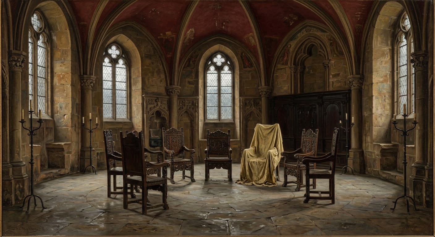 The Inner Circle of Strasbourg — seven carved chairs in a circle, one draped in yellowed white cloth