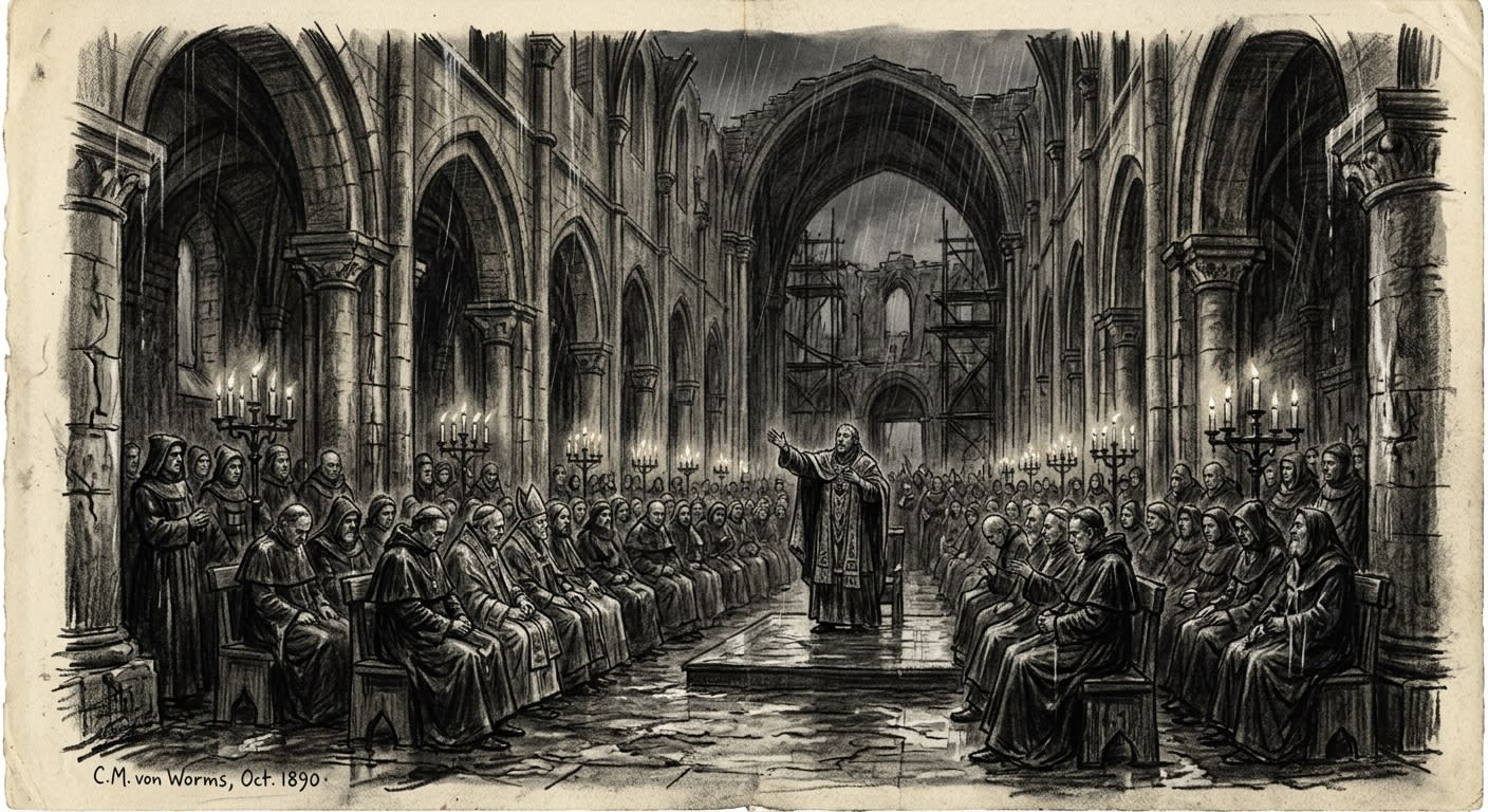 Later painting imagining the Council of Worms beneath a roofless vault