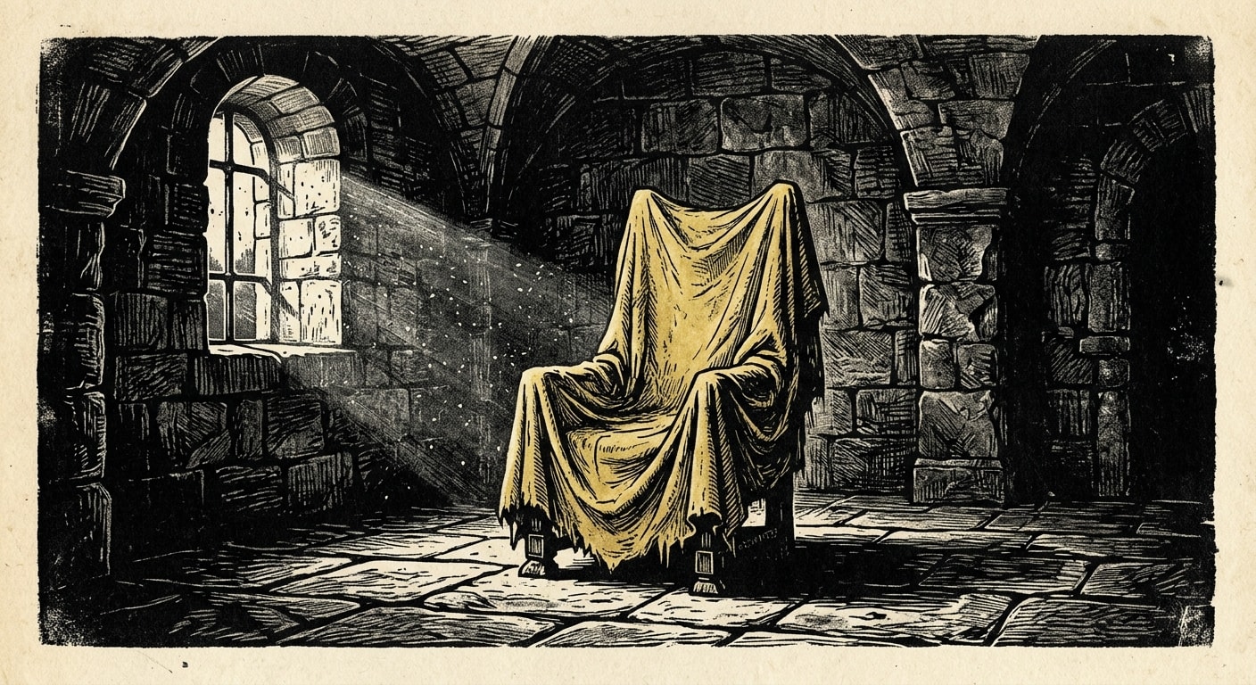 A single high-backed chair draped entirely in yellowed cloth, in an empty stone chamber