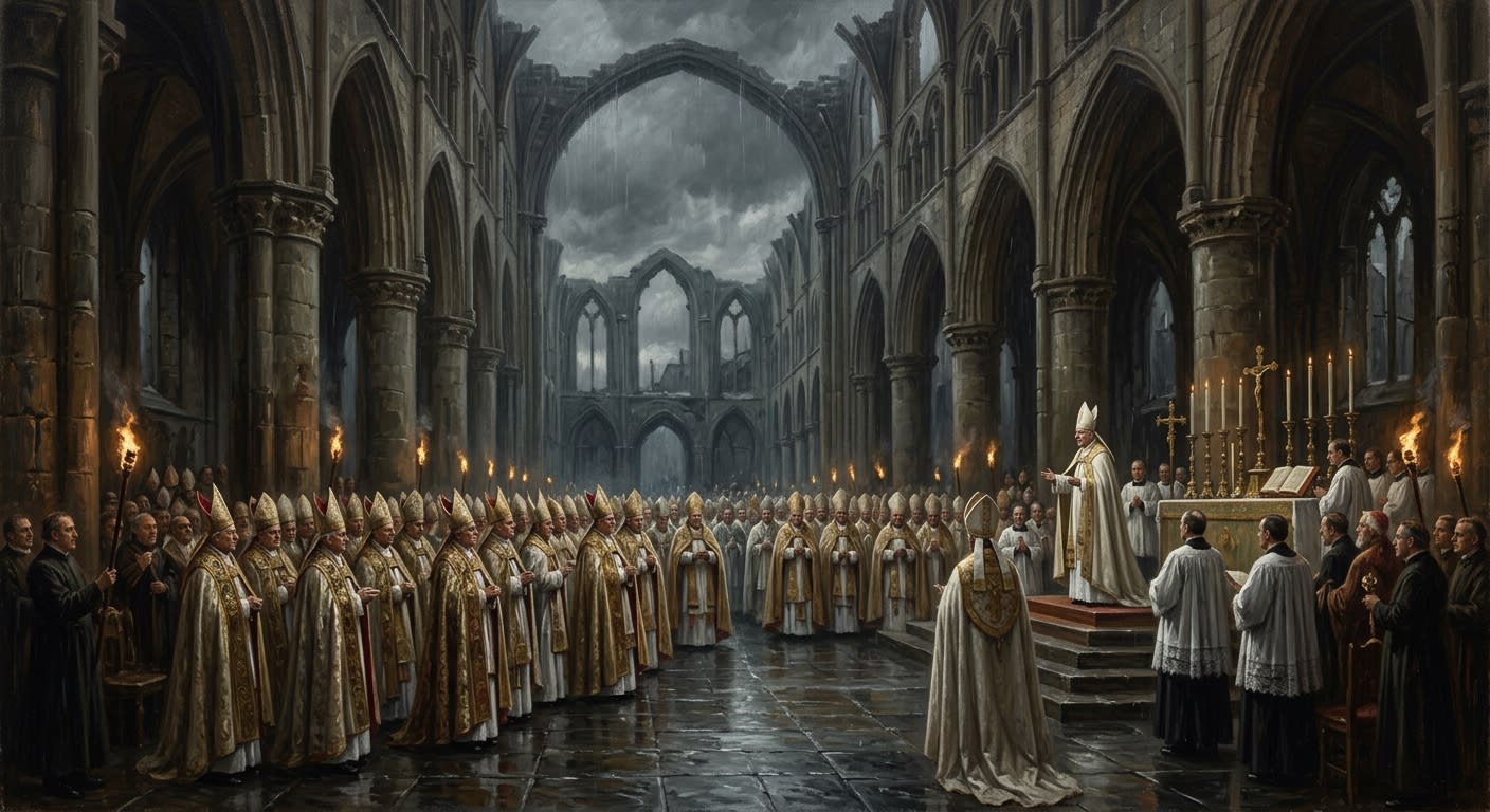 Later painting imagining the Council of Worms beneath the broken cathedral vault