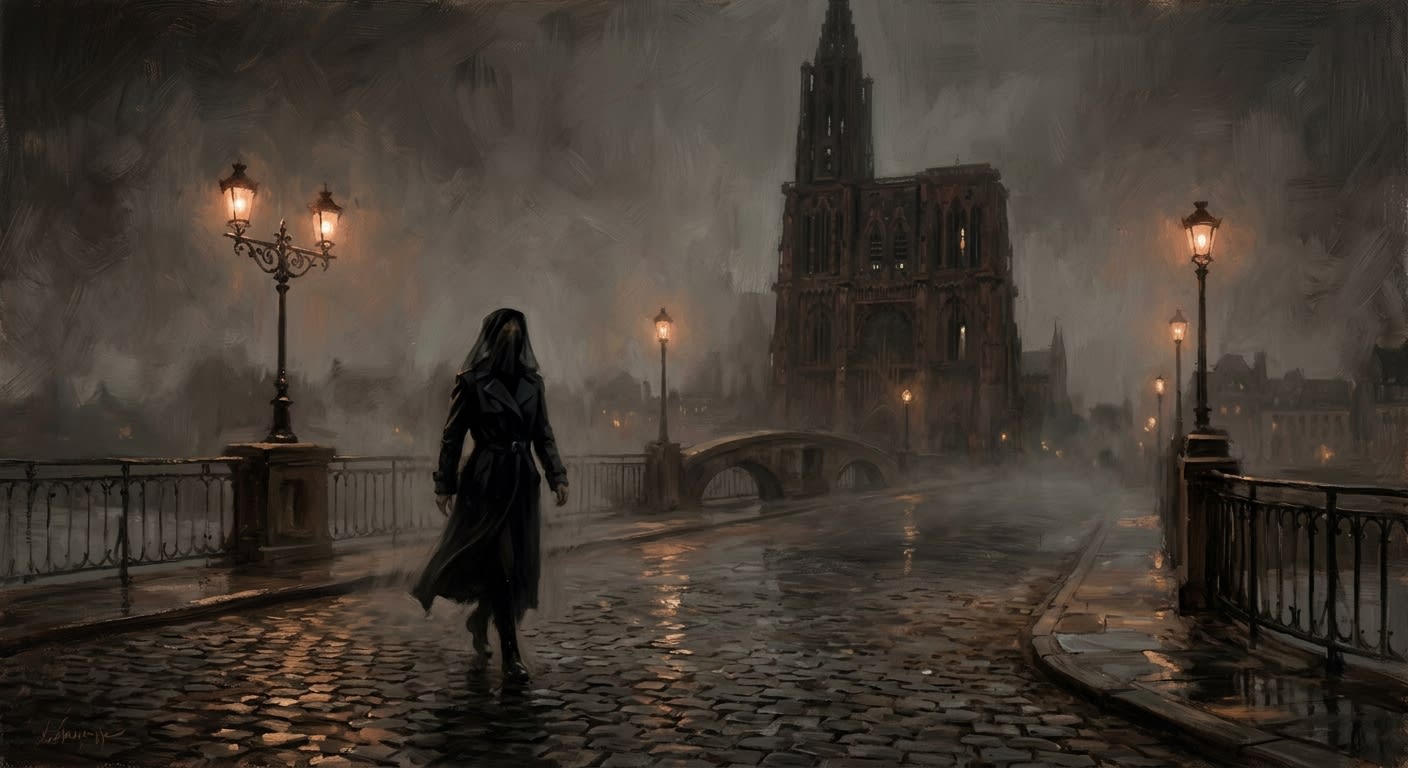 A Custodian of the Bureau of Shadows in black gauze veil crosses a frost-covered stone bridge in Strasbourg at midnight, lanterns casting amber pools on frozen cobblestones, the cathedral tower looming in fog behind