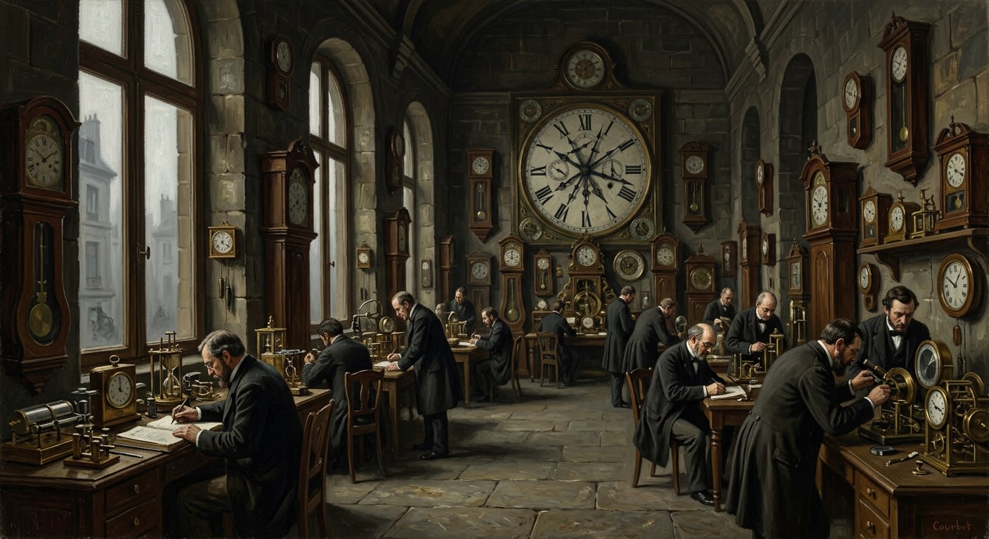 Oil painting of the Bureau of the Hourglass headquarters in Lyon — a vast hall of clocks, analysts in frock coats bent over brass instruments, fog pressing against tall windows, one great clock on the far wall with fractured overlapping hands.