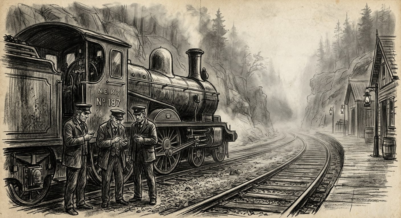 Charcoal sketch of a Victorian steam locomotive halted at a foggy mountain waystation, three railwaymen checking pocket watches with expressions of disturbed confusion.